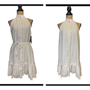 NEW Womens White Eyelet Dress Turtle Neck Button Front Cottagecore Prairie SMALL